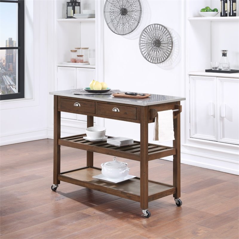 Pemberly Row Kitchen Cart with Stainless Steel Top in Chestnut Wire-Brush