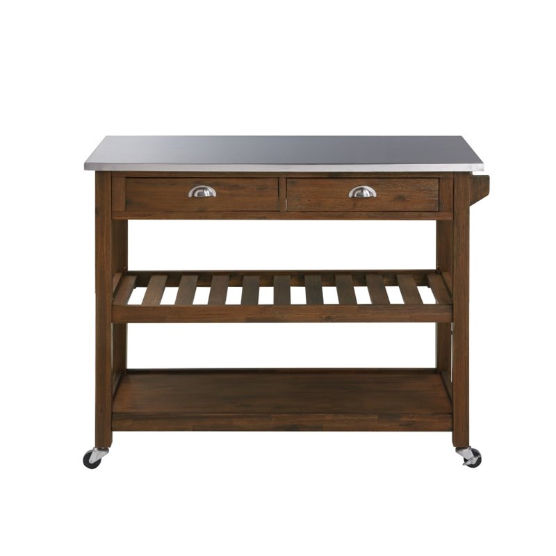 Pemberly Row Kitchen Cart with Stainless Steel Top in Chestnut Wire-Brush