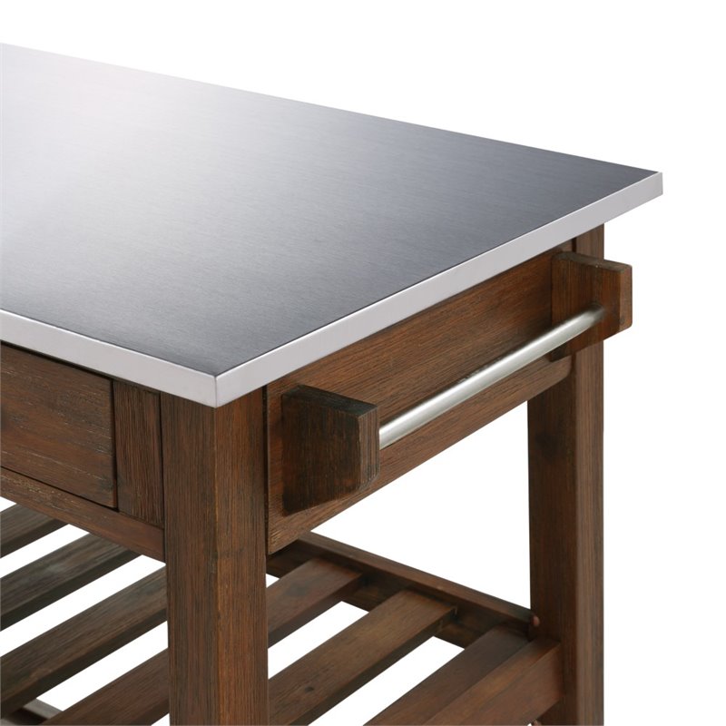 Pemberly Row Kitchen Cart with Stainless Steel Top in Chestnut Wire-Brush