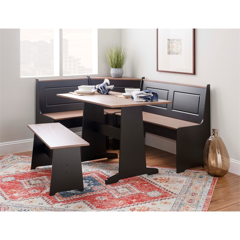 Pemberly Row Pine Wood Corner Nook Dining Set with Storage in Black and Pecan