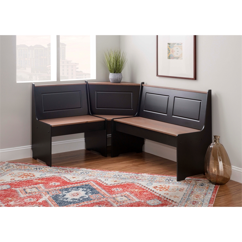 Pemberly Row Pine Wood Corner Nook Dining Set with Storage in Black and Pecan