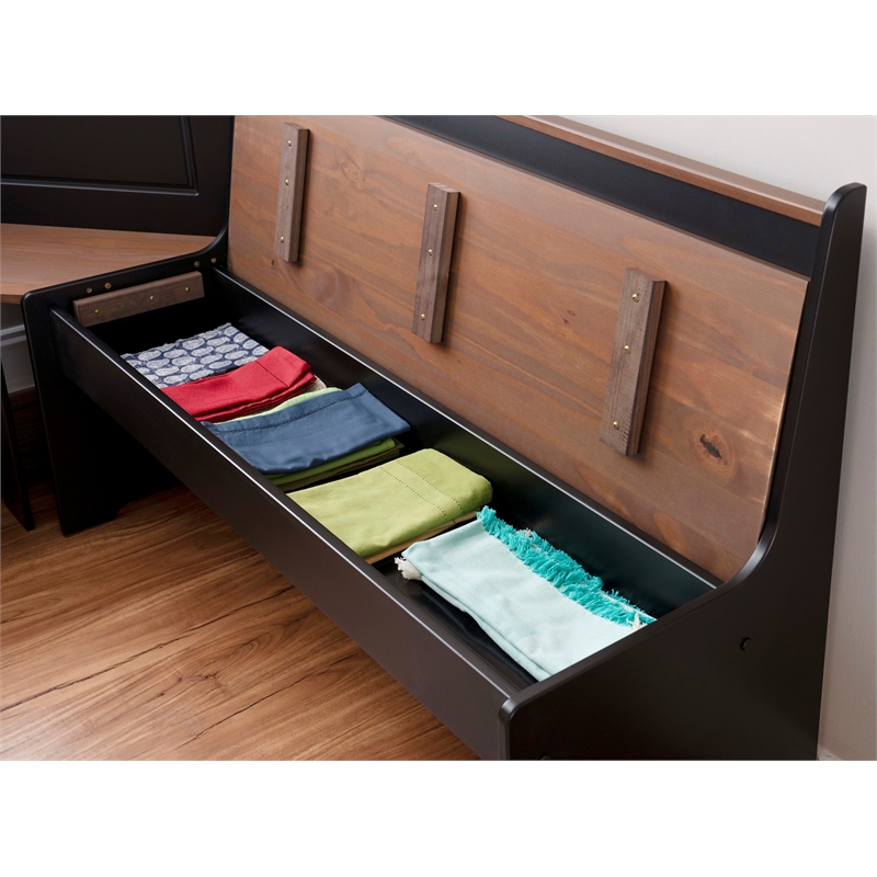 Pemberly Row Pine Wood Corner Nook Dining Set with Storage in Black and Pecan