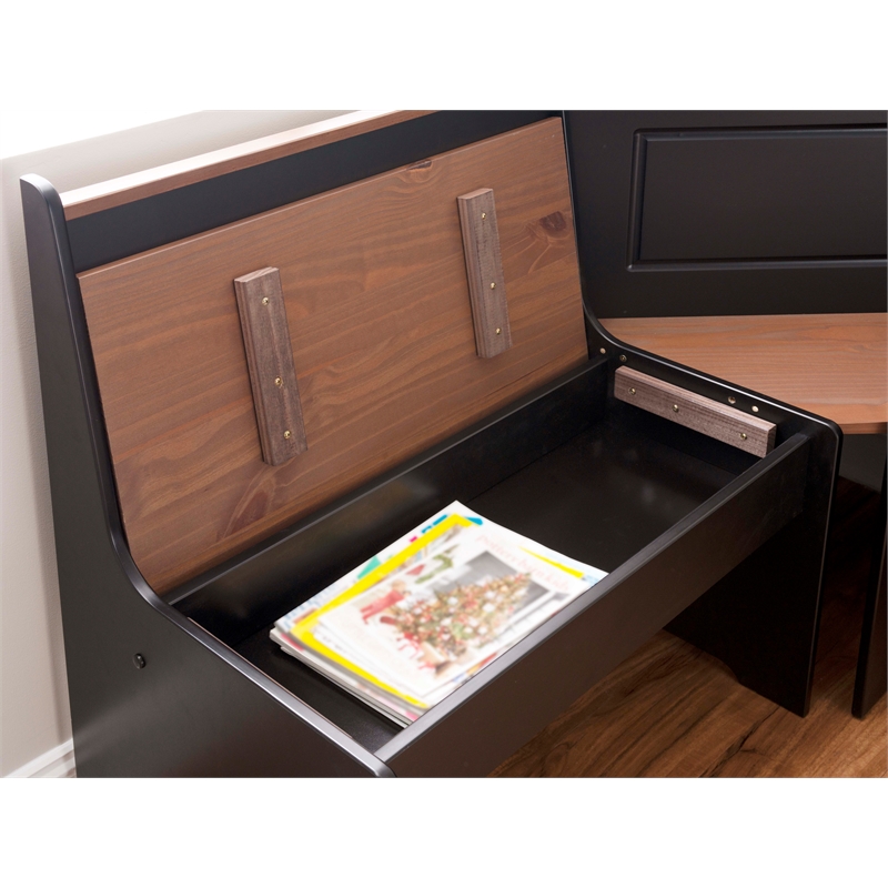 Pemberly Row Pine Wood Corner Nook Dining Set with Storage in Black and Pecan