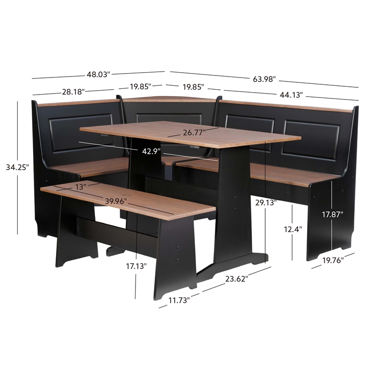 Pemberly Row Pine Wood Corner Nook Dining Set with Storage in Black and Pecan