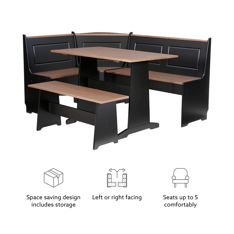 Pemberly Row Pine Wood Corner Nook Dining Set with Storage in Black and Pecan