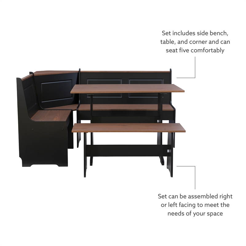 Pemberly Row Pine Wood Corner Nook Dining Set with Storage in Black and Pecan