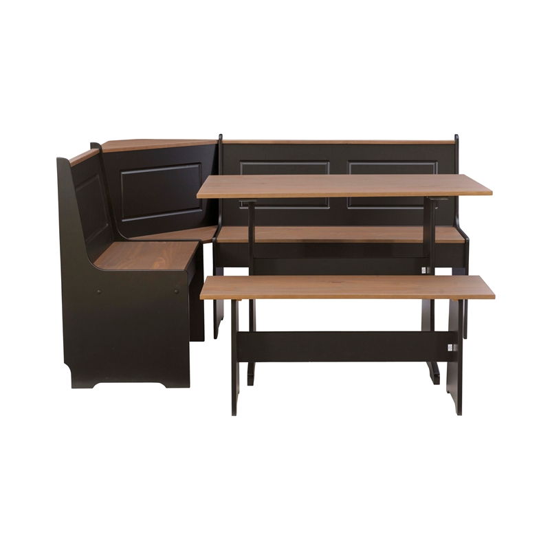 Pemberly Row Pine Wood Corner Nook Dining Set with Storage in Black and Pecan