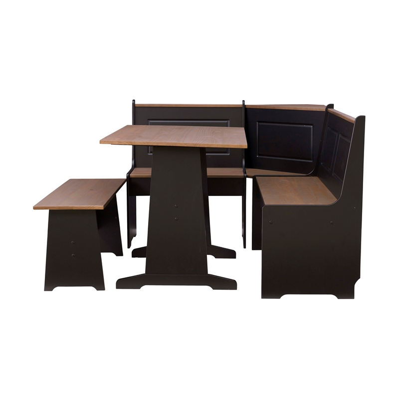 Pemberly Row Pine Wood Corner Nook Dining Set with Storage in Black and Pecan