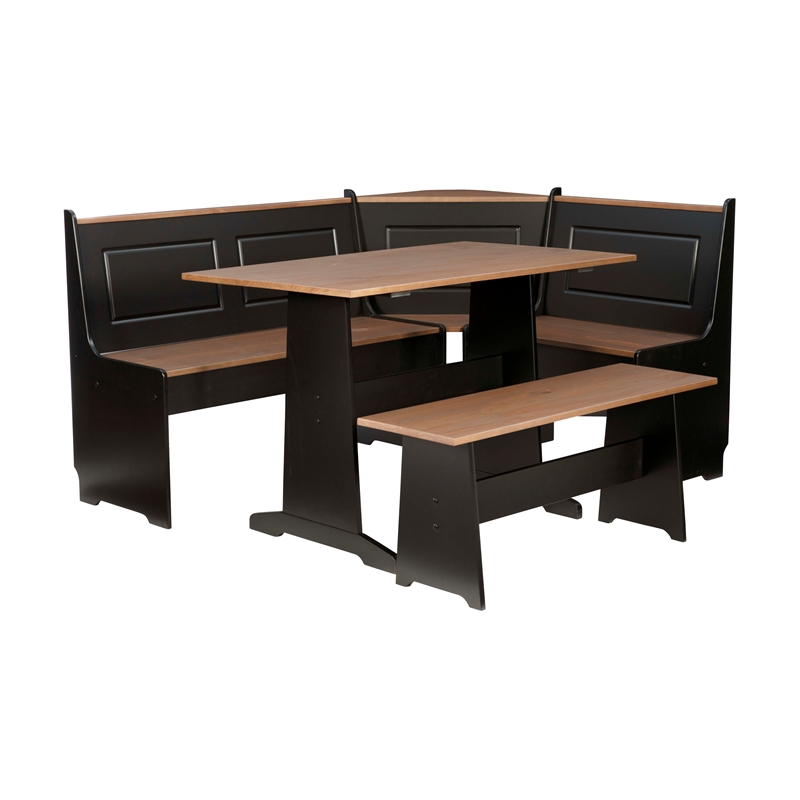 Pemberly Row Pine Wood Corner Nook Dining Set with Storage in Black and Pecan
