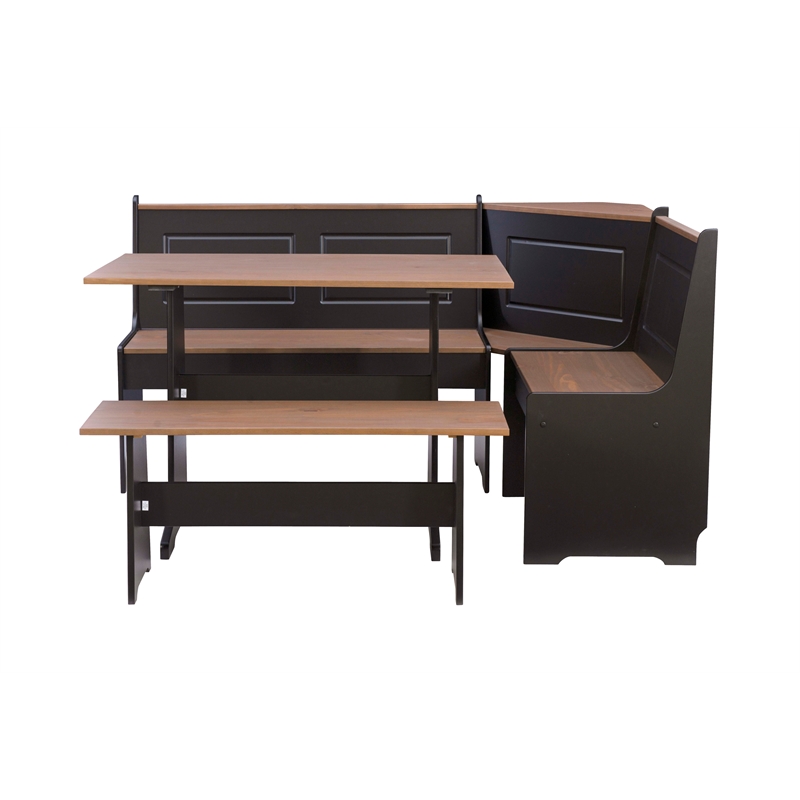 Pemberly Row Pine Wood Corner Nook Dining Set with Storage in Black and Pecan