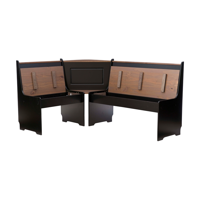 Pemberly Row Pine Wood Corner Nook Dining Set with Storage in Black and Pecan