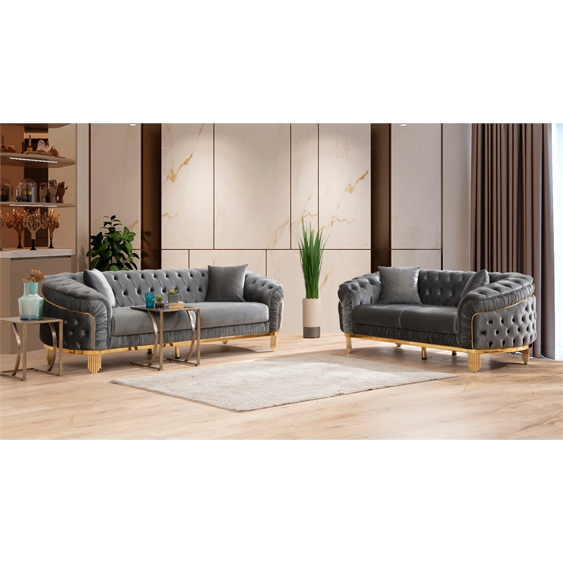 Pemberly Row 2-Pc Tufted Upholstery Sofa set finished with Velvet Fabric in Gray