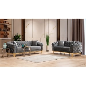 Pemberly Row 2-Pc Tufted Upholstery Sofa set finished with Velvet Fabric in Gray