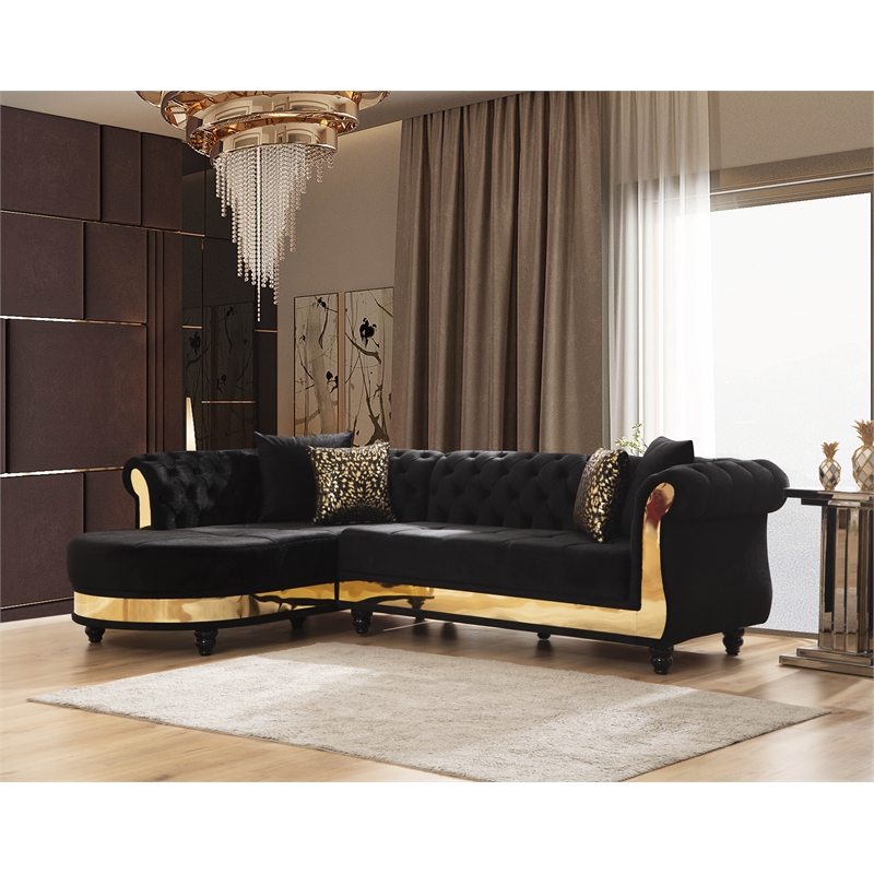 Pemberly Row Gold Detailed Tufted Upholstery Sectional made with Wood In Black