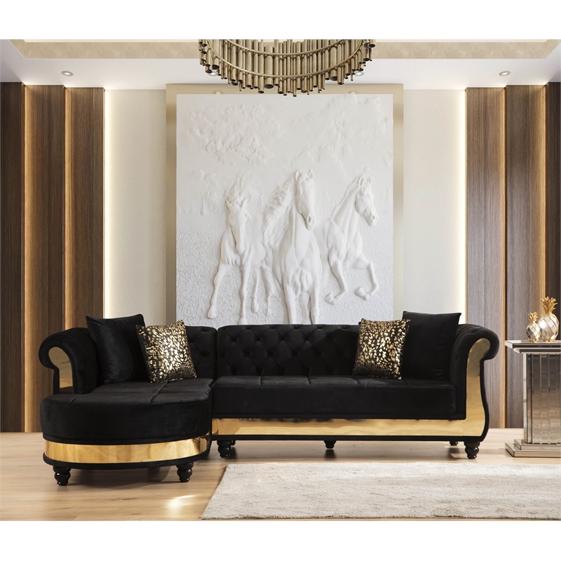 Pemberly Row Gold Detailed Tufted Upholstery Sectional made with Wood In Black