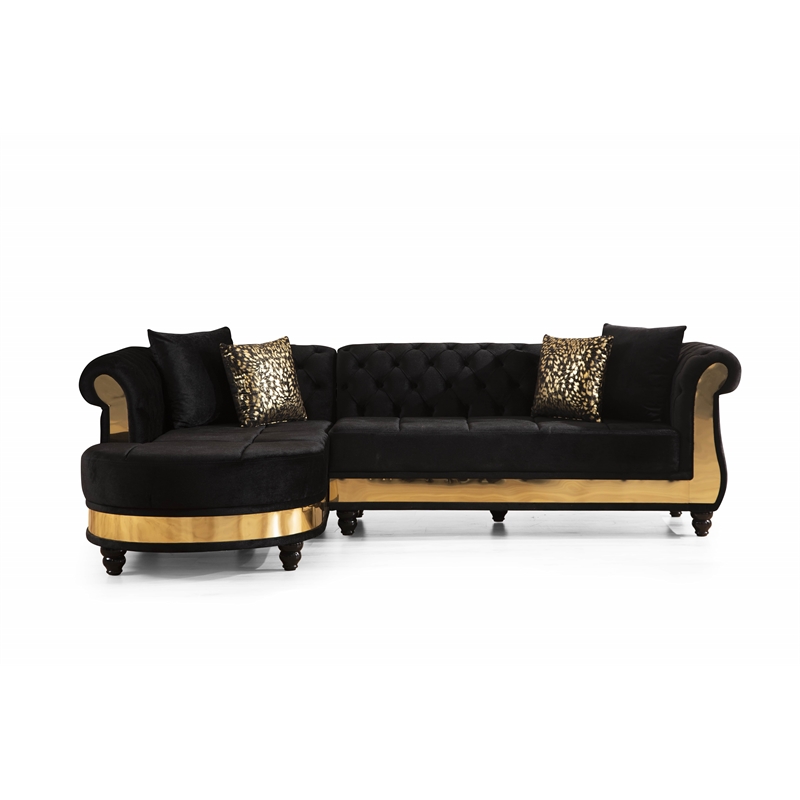 Pemberly Row Gold Detailed Tufted Upholstery Sectional made with Wood In Black