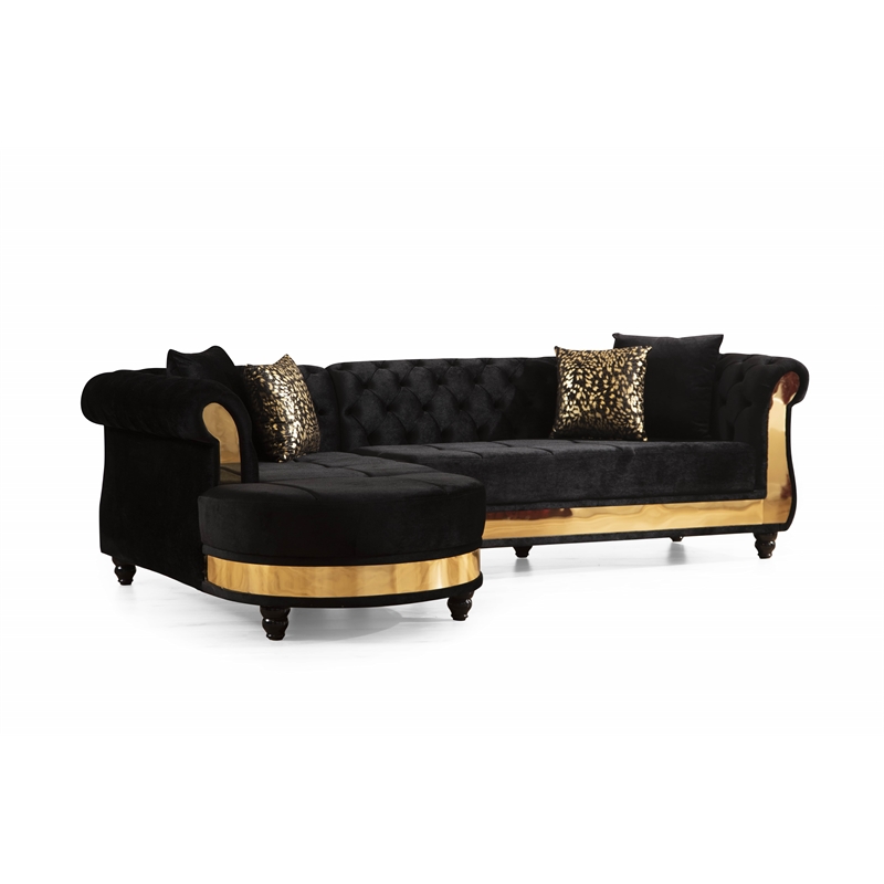 Pemberly Row Gold Detailed Tufted Upholstery Sectional made with Wood In Black