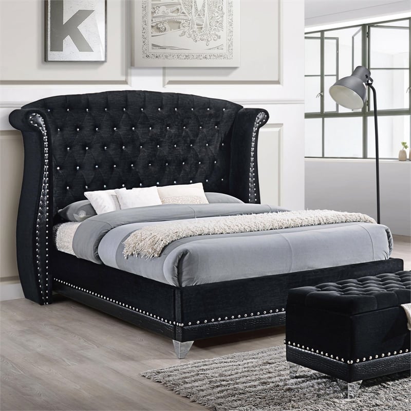 Pemberly Row Contemporary Upholstered Eastern King Wingback Bed Black