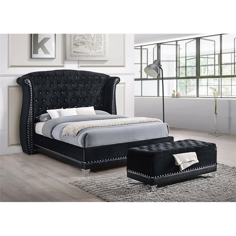 Pemberly Row Contemporary Upholstered Eastern King Wingback Bed Black