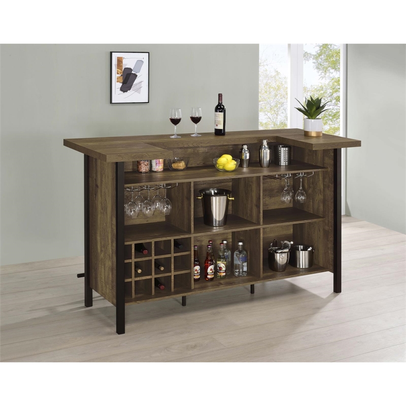 Pemberly Row Farmhouse Freestanding Home Bar Wine Cabinet Rustic Oak