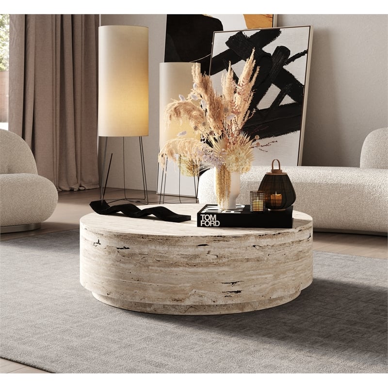 Pemberly Row Contemporary Engineered Wood Travertine Round Coffee Table