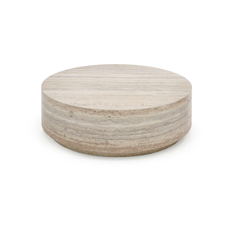 Pemberly Row Contemporary Engineered Wood Travertine Round Coffee Table