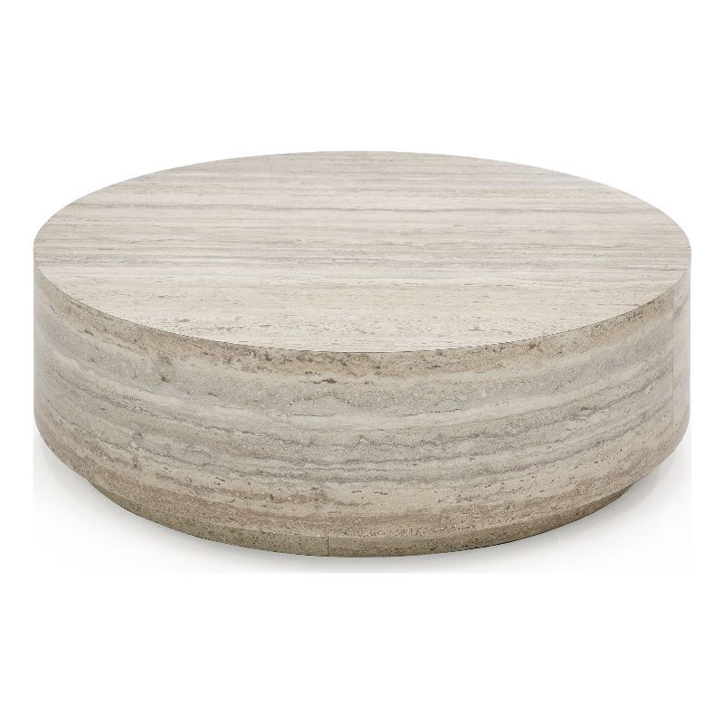 Pemberly Row Contemporary Engineered Wood Travertine Round Coffee Table