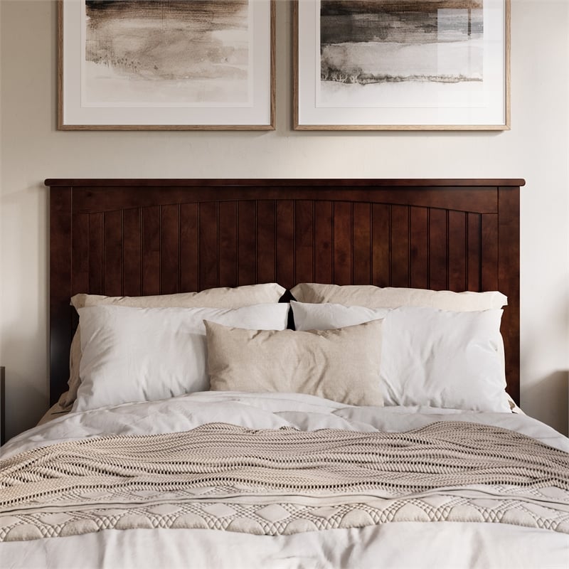 Pemberly Row Queen Coastal Solid Wood Panel Headboard in Walnut