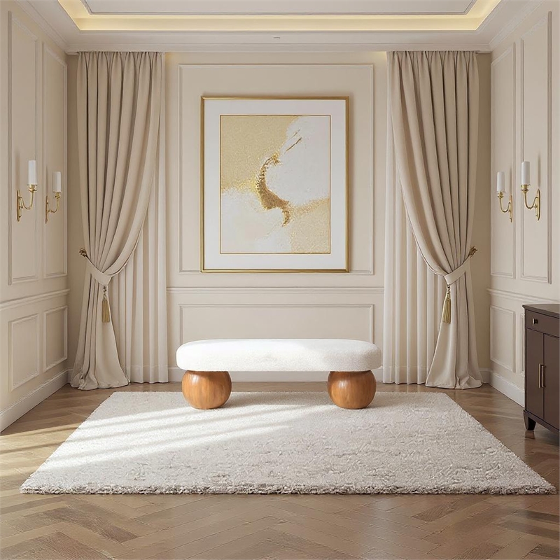 Pemberly Row Contemporary Rich Cream Finish Boucle Fabric Bench