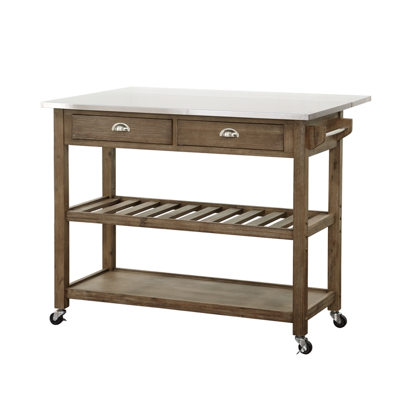 Pemberly Row Kitchen Cart with Drop-Leaf in Barnwood Wire-Brush