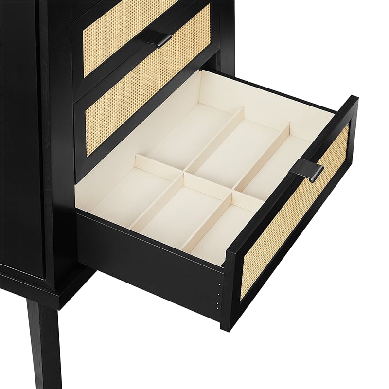 Pemberly Row Jewelry Armoire 5 Drawers/Cane Front Panels in Black Painted Wood