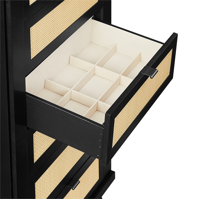 Pemberly Row Jewelry Armoire 5 Drawers/Cane Front Panels in Black Painted Wood