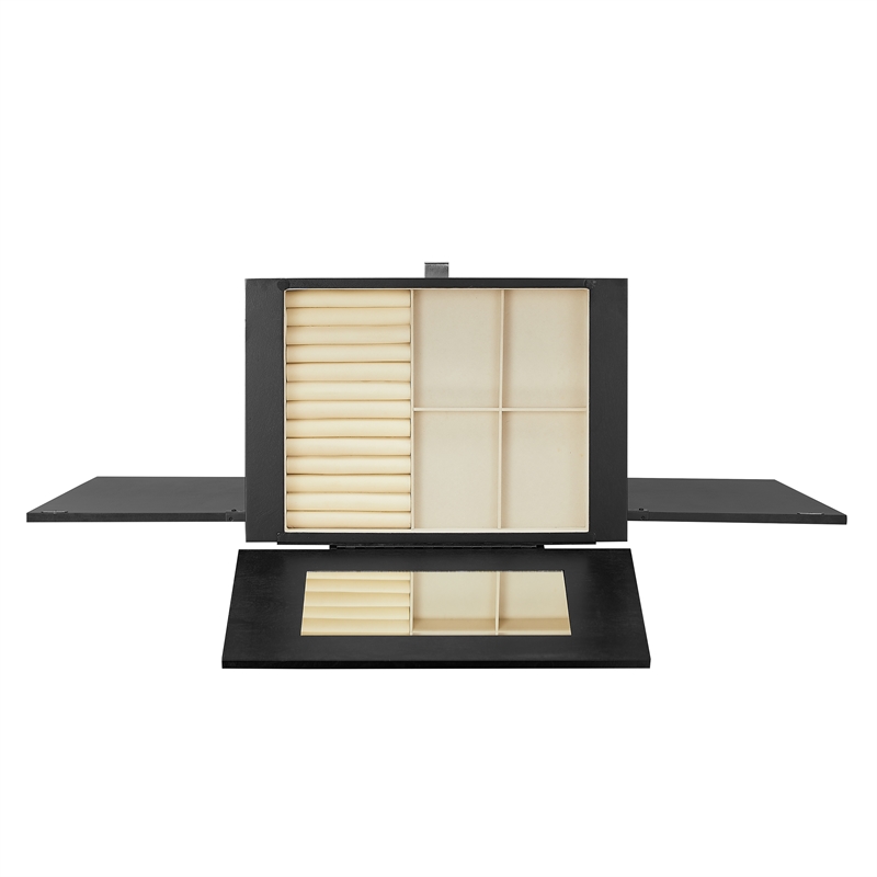 Pemberly Row Jewelry Armoire 5 Drawers/Cane Front Panels in Black Painted Wood