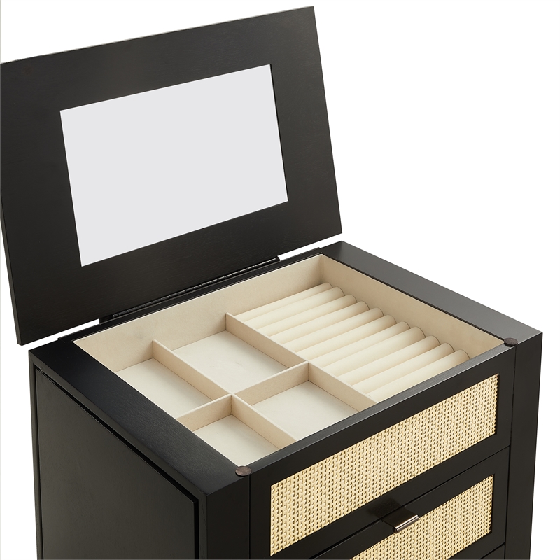 Pemberly Row Jewelry Armoire 5 Drawers/Cane Front Panels in Black Painted Wood