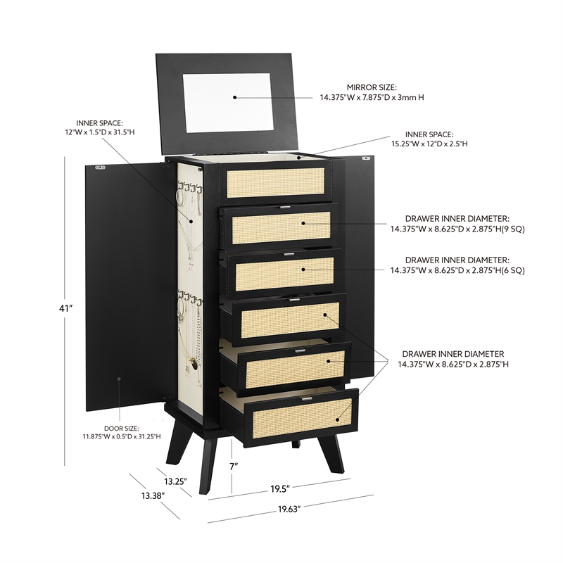 Pemberly Row Jewelry Armoire 5 Drawers/Cane Front Panels in Black Painted Wood