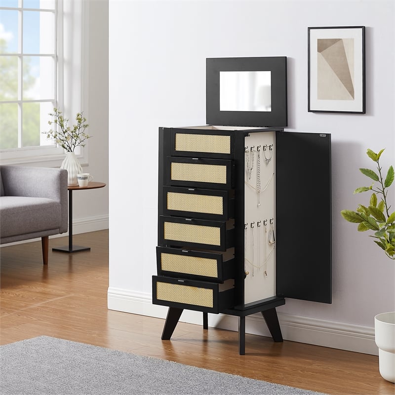 Pemberly Row Jewelry Armoire 5 Drawers/Cane Front Panels in Black Painted Wood