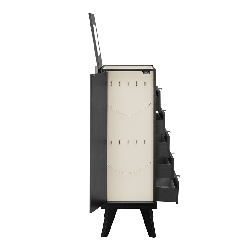 Pemberly Row Jewelry Armoire 5 Drawers/Cane Front Panels in Black Painted Wood