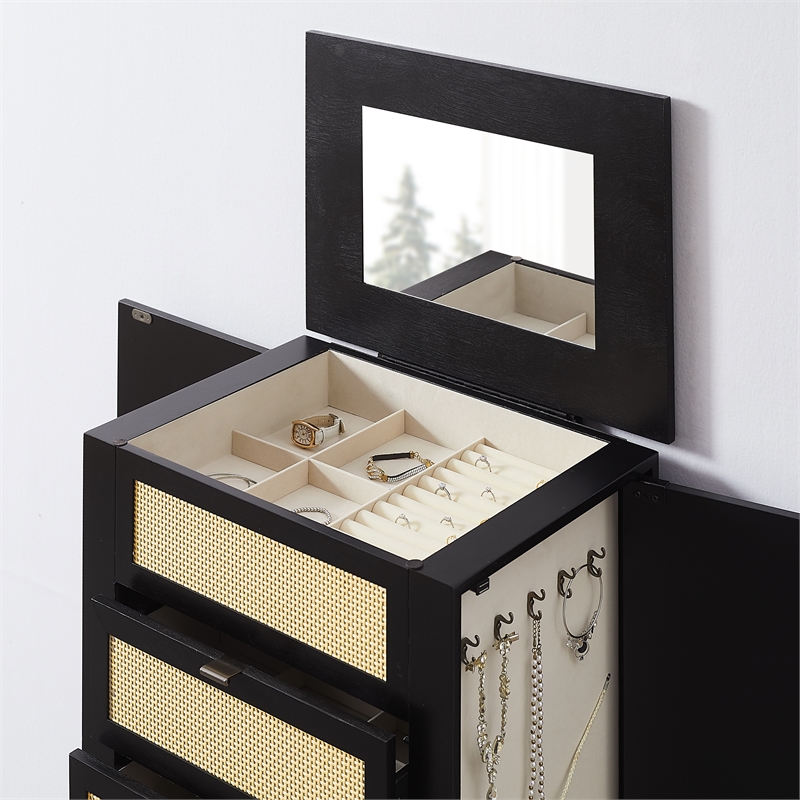 Pemberly Row Jewelry Armoire 5 Drawers/Cane Front Panels in Black Painted Wood