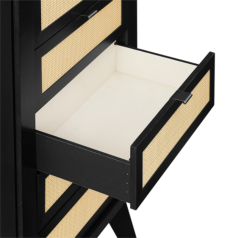 Pemberly Row Jewelry Armoire 5 Drawers/Cane Front Panels in Black Painted Wood