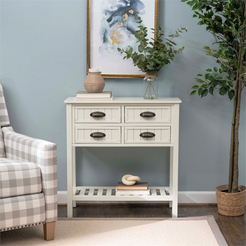 Pemberly Row Beadboard Console 4 Drawers Lower Shelf in Antique White Wood