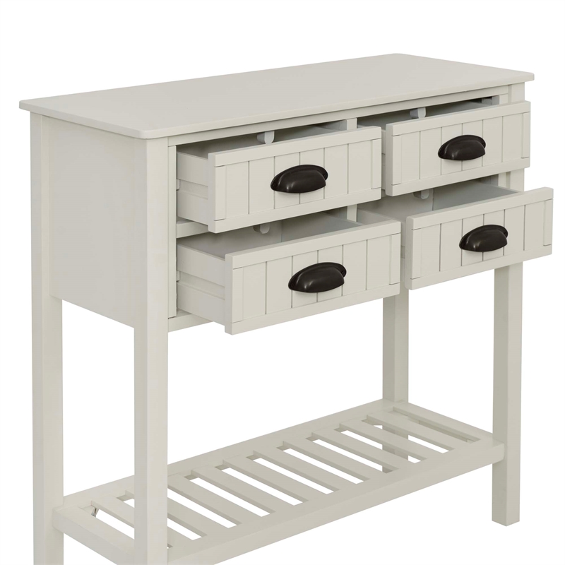 Pemberly Row Beadboard Console 4 Drawers Lower Shelf in Antique White Wood