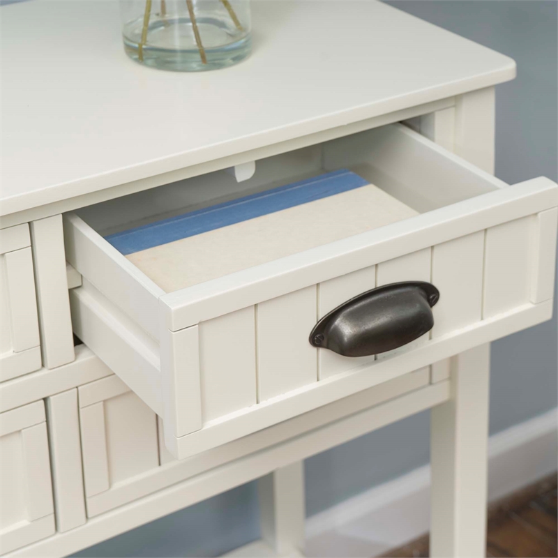 Pemberly Row Beadboard Console 4 Drawers Lower Shelf in Antique White Wood