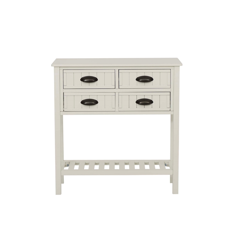 Pemberly Row Beadboard Console 4 Drawers Lower Shelf in Antique White Wood
