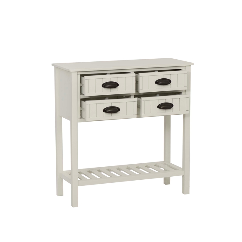 Pemberly Row Beadboard Console 4 Drawers Lower Shelf in Antique White Wood
