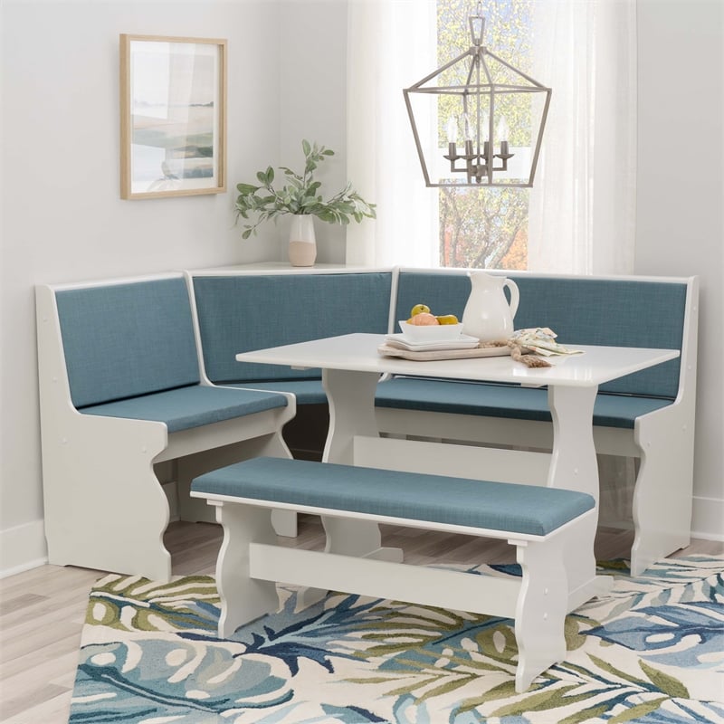 Pemberly Row Corner Nook Dining Set Blue Fabric Upholstered Seats in White Wood