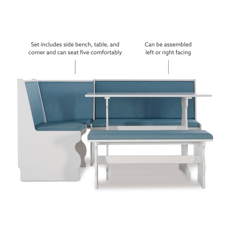 Pemberly Row Corner Nook Dining Set Blue Fabric Upholstered Seats in White Wood