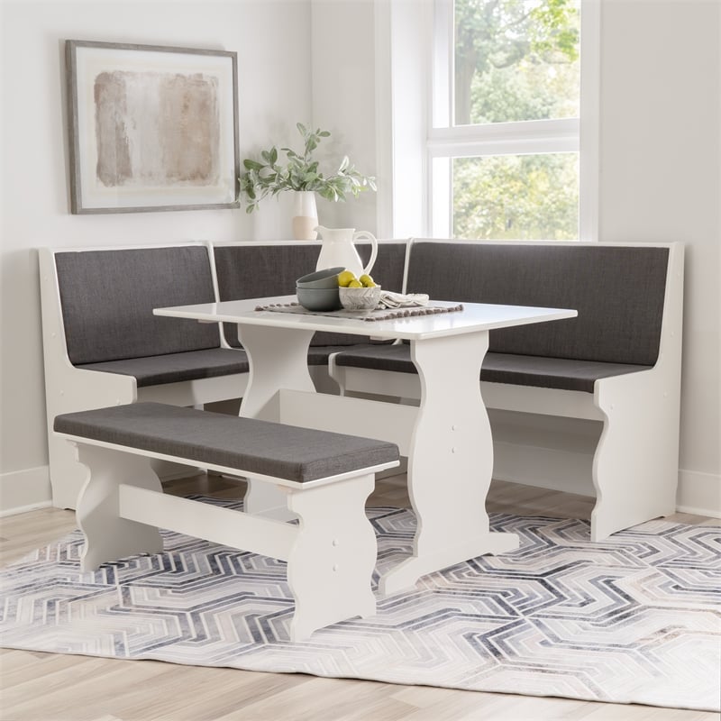 Pemberly Row Corner Nook Dining Set Charcoal Gray Fabric Seats in White Wood