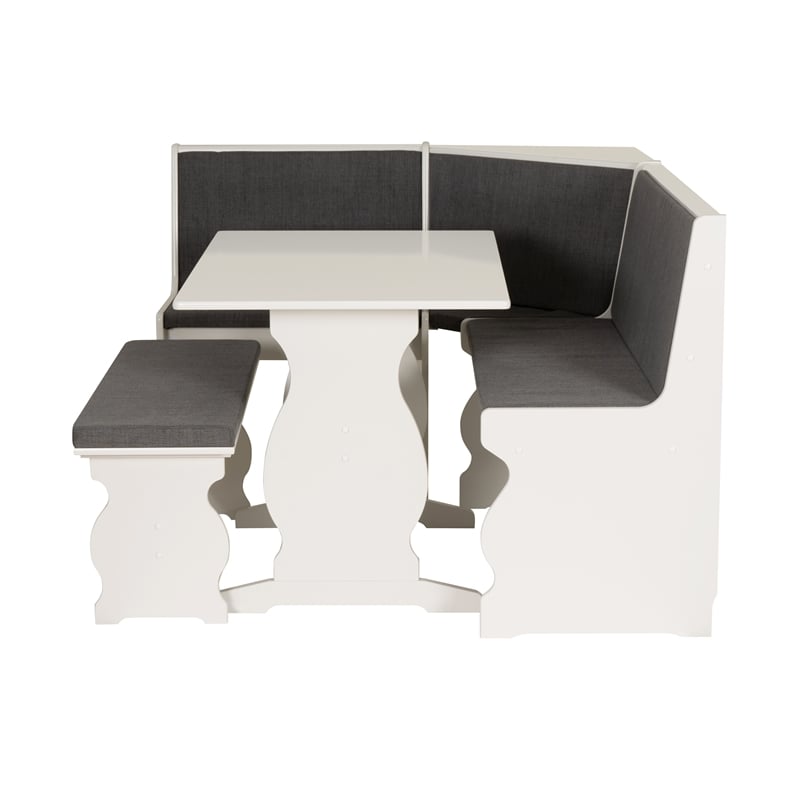 Pemberly Row Corner Nook Dining Set Charcoal Gray Fabric Seats in White Wood
