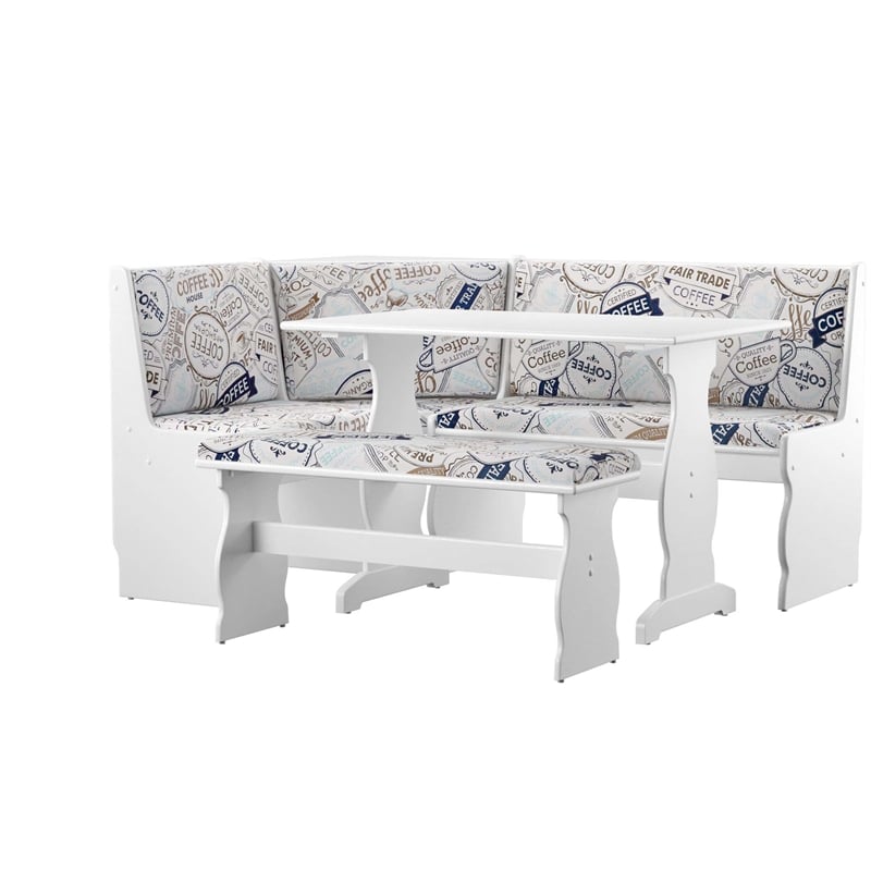 Pemberly Row Upholstered Corner Nook Dining Set in White Wood/Coffee Print