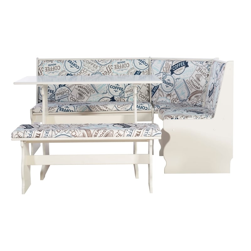 Pemberly Row Upholstered Corner Nook Dining Set in White Wood/Coffee Print